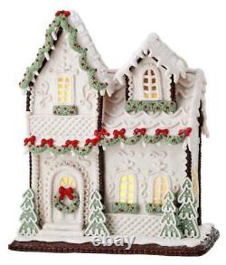 13 Gingerbread Victorian White with Red Christmas Village House with Light Timer