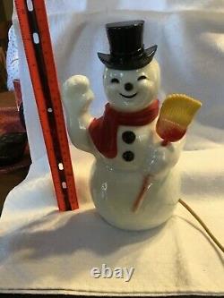 1950S PARAMOUNT LIGHTED SNOWMAN PLASTIC CHRISTMAS Tin Back Hang Or Stand RARE