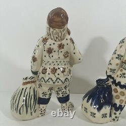 2 Rare Polish Poland Floral Pottery Santa Claus Standing Figurines 9 Toy Bag