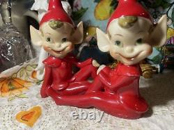 2 Vintage Thames Ceramic Pixie Elf 5 Large Figurine 1950's Christmas Japan