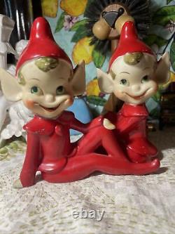 2 Vintage Thames Ceramic Pixie Elf 5 Large Figurine 1950's Christmas Japan