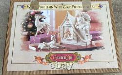 2003 Grandeur Noel White With Gold Firing Santa Set Reindeer Girl Christmas