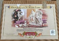 2003 Grandeur Noel White With Gold Firing Santa Set Reindeer Girl Christmas