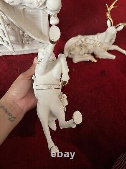 2003 Grandeur Noel White With Gold Firing Santa Set Reindeer Girl Christmas RARE