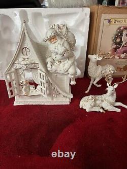 2003 Grandeur Noel White With Gold Firing Santa Set Reindeer Girl Christmas RARE