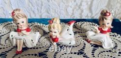 3 NAPCO 1960 Big Bow Bloomer Girls Christmas Poinsettia Shelf Sitter Figurines
