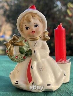 3 Napco Vintage Christmas Snowflake Girl Candleholders Set X-8388 1950's EUC