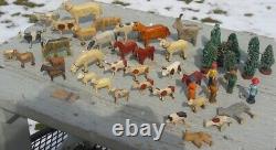 40 Vtg Putz Hand Painted Wood Mini Carved Animal Lot Sheep Lamb Pig Cow People