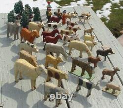 40 Vtg Putz Hand Painted Wood Mini Carved Animal Lot Sheep Lamb Pig Cow People
