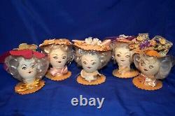 5 Vtg 1950s Party Favor Egg Head Dolls, Posh Easter Girls In Bonnets Hand Made