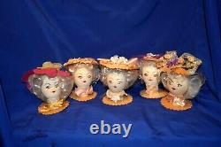 5 Vtg 1950s Party Favor Egg Head Dolls, Posh Easter Girls In Bonnets Hand Made