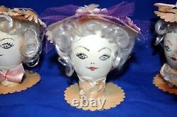 5 Vtg 1950s Party Favor Egg Head Dolls, Posh Easter Girls In Bonnets Hand Made