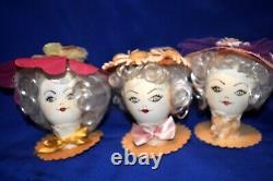 5 Vtg 1950s Party Favor Egg Head Dolls, Posh Easter Girls In Bonnets Hand Made