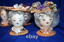 5 Vtg 1950s Party Favor Egg Head Dolls, Posh Easter Girls In Bonnets Hand Made