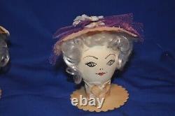 5 Vtg 1950s Party Favor Egg Head Dolls, Posh Easter Girls In Bonnets Hand Made