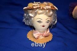 5 Vtg 1950s Party Favor Egg Head Dolls, Posh Easter Girls In Bonnets Hand Made