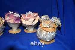 5 Vtg 1950s Party Favor Egg Head Dolls, Posh Easter Girls In Bonnets Hand Made