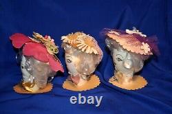 5 Vtg 1950s Party Favor Egg Head Dolls, Posh Easter Girls In Bonnets Hand Made