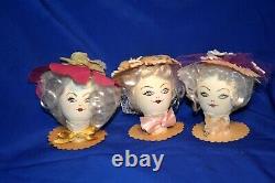 5 Vtg 1950s Party Favor Egg Head Dolls, Posh Easter Girls In Bonnets Hand Made