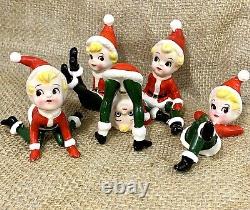 6 Vintage Christmas Ceramic Pixie Elf Figurines Japan Playful Poses Elves Kitsch