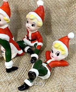 6 Vintage Christmas Ceramic Pixie Elf Figurines Japan Playful Poses Elves Kitsch