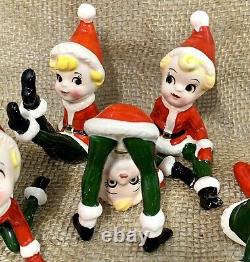 6 Vintage Christmas Ceramic Pixie Elf Figurines Japan Playful Poses Elves Kitsch