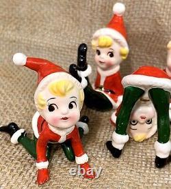 6 Vintage Christmas Ceramic Pixie Elf Figurines Japan Playful Poses Elves Kitsch