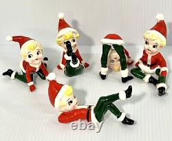 6 Vintage Christmas Ceramic Pixie Elf Figurines Japan Playful Poses Elves Kitsch