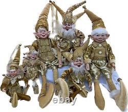 6PC Set Christmas Handmade Holiday Posable Elves Jester Figurines / Dolls-GOLD