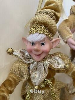 6PC Set Christmas Handmade Holiday Posable Elves Jester Figurines / Dolls-GOLD