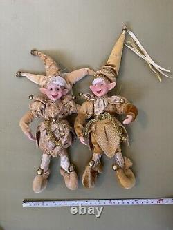 6PC Set Christmas Handmade Holiday Posable Elves Jester Figurines / Dolls-GOLD