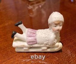 7 Antique German Bisque Porcelain Snow Babies Skaters, Sledders, Seated RARE