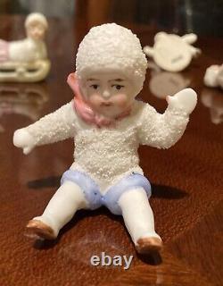 7 Antique German Bisque Porcelain Snow Babies Skaters, Sledders, Seated RARE