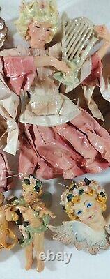 9 Antique Cartapesta Angels Cupid Italy Paper Mache Christmas Ornaments AS IS