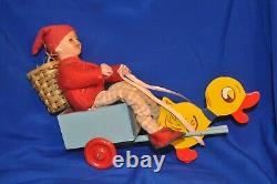 ANTIQUE GERMANY Candy Container Easter Pull Toy Cart w Composition Boy Elf 9