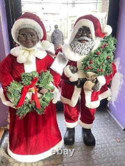 African American Mr. & Mrs. Santa Claus 34 Tall Red Velvet Light Up Greenery
