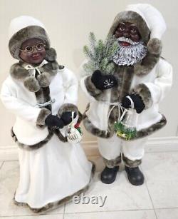 African American Mr. & Mrs. Santa Claus 34 Tall Winter White Christmas Fur Hood