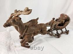 Antique Christmas Cast Iron Santa Sleigh Reindeer Pull Toy Rare Vintage SeeVideo