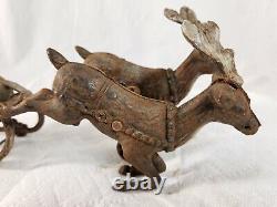 Antique Christmas Cast Iron Santa Sleigh Reindeer Pull Toy Rare Vintage SeeVideo