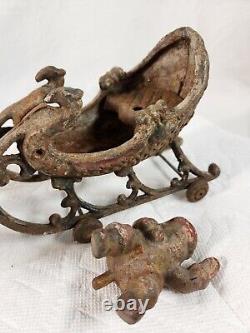 Antique Christmas Cast Iron Santa Sleigh Reindeer Pull Toy Rare Vintage SeeVideo