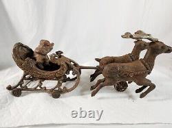 Antique Christmas Cast Iron Santa Sleigh Reindeer Pull Toy Rare Vintage SeeVideo