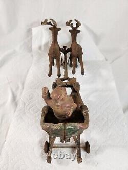 Antique Christmas Cast Iron Santa Sleigh Reindeer Pull Toy Rare Vintage SeeVideo