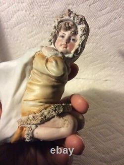 Antique German Christmas Snowgirl Snowbaby Bisque Vase Candy Container