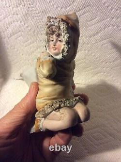 Antique German Christmas Snowgirl Snowbaby Bisque Vase Candy Container