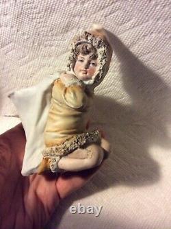 Antique German Christmas Snowgirl Snowbaby Bisque Vase Candy Container