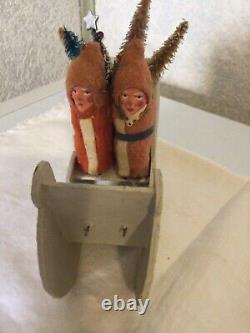 Antique German Mr. &mrs. Claus & Sleigh With Trees Pre- Owned