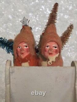 Antique German Mr. &mrs. Claus & Sleigh With Trees Pre- Owned