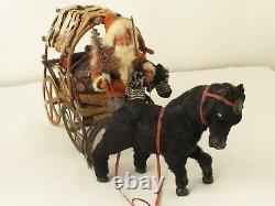 Antique German Santa Claus in A Rustic Pony Driven Covered Wagon with Toys
