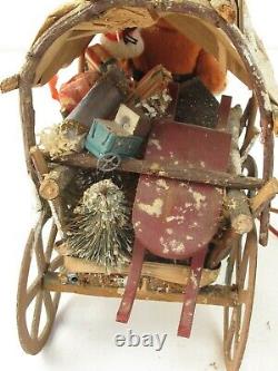 Antique German Santa Claus in A Rustic Pony Driven Covered Wagon with Toys