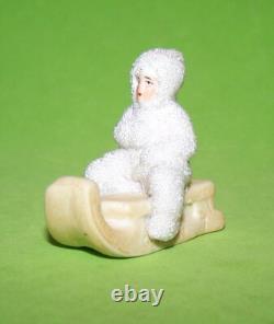 Antique Hertwig German Bisque Snow Babies Girl On Sled Molded Clothes Coralene